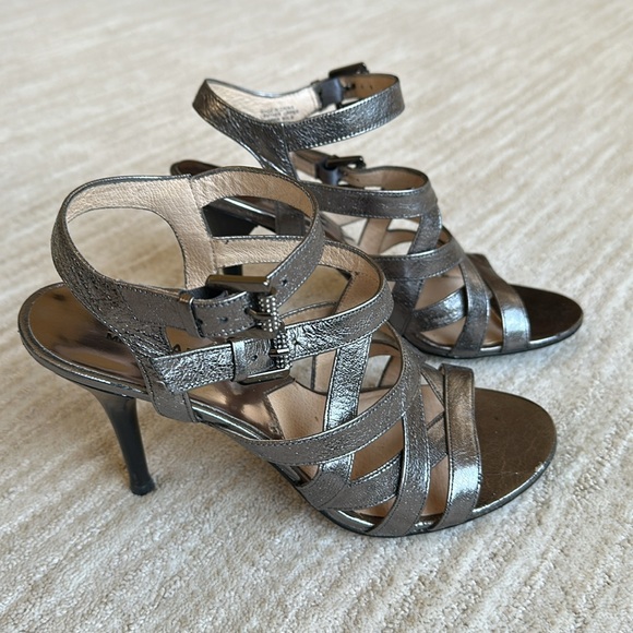 Michael Kors Metallic Strappy Heels Silver High Heel Shimmer Sandals Size 9 - Picture 1 of 17